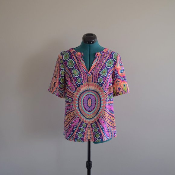 100% Silk Brightly Coloured Patterned Short Sleeve Summer Blouse - Picture 1 of 8